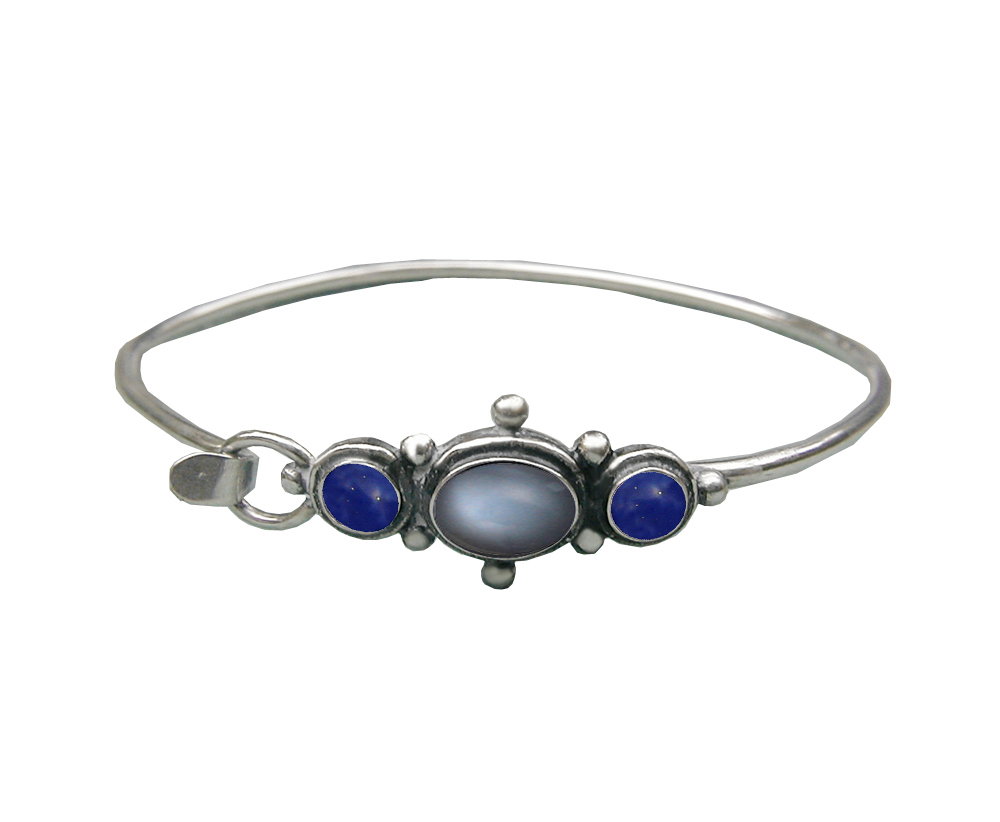 Sterling Silver Strap Latch Spring Hook Bangle Bracelet Grey Moonstone And Lapis Lazuli